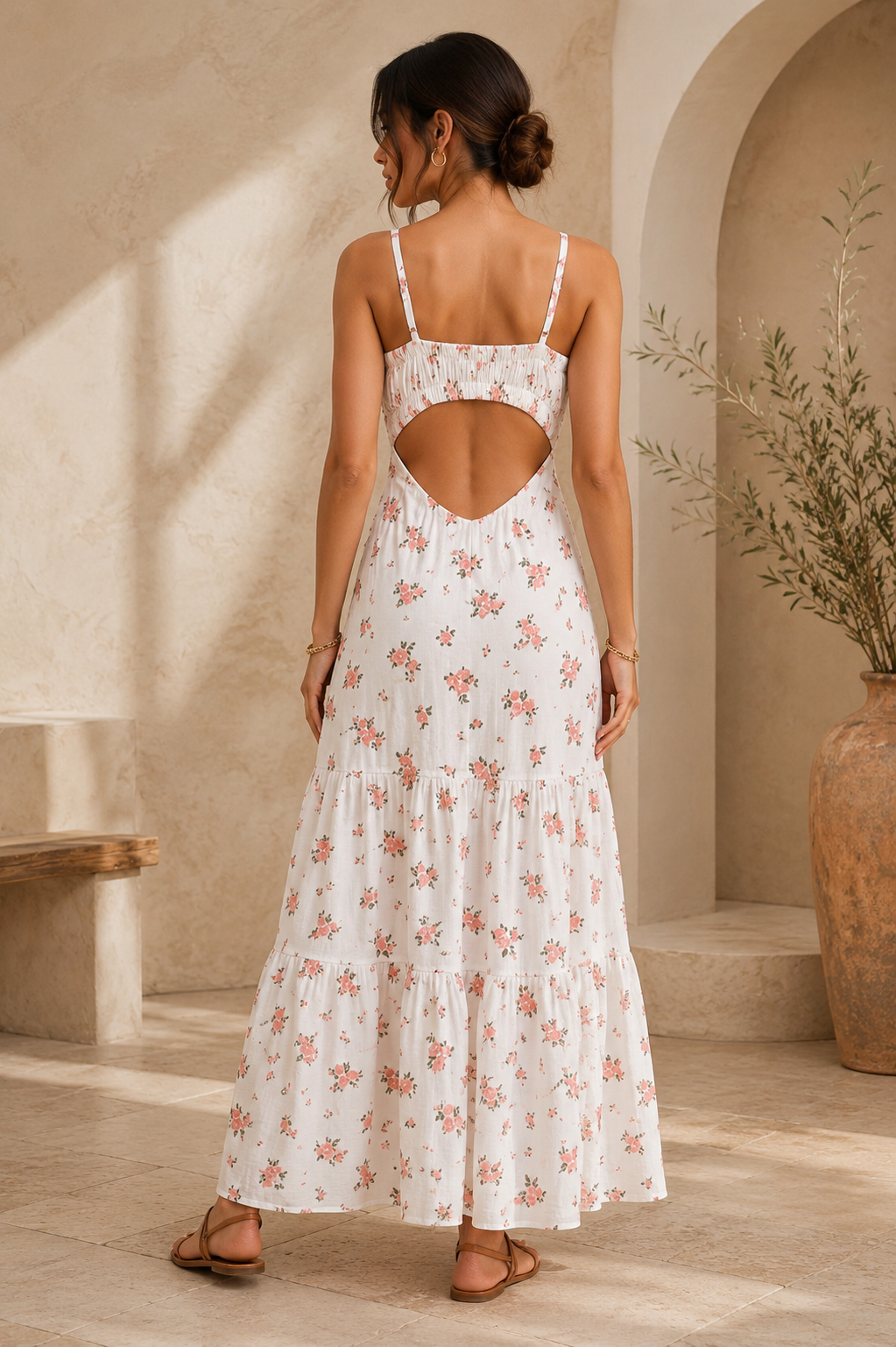 Pink Floral Smocked Back Cut-Out Gown