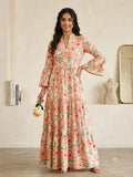 Peach Floral V-Neck Tiered Gown with Bell Sleeves