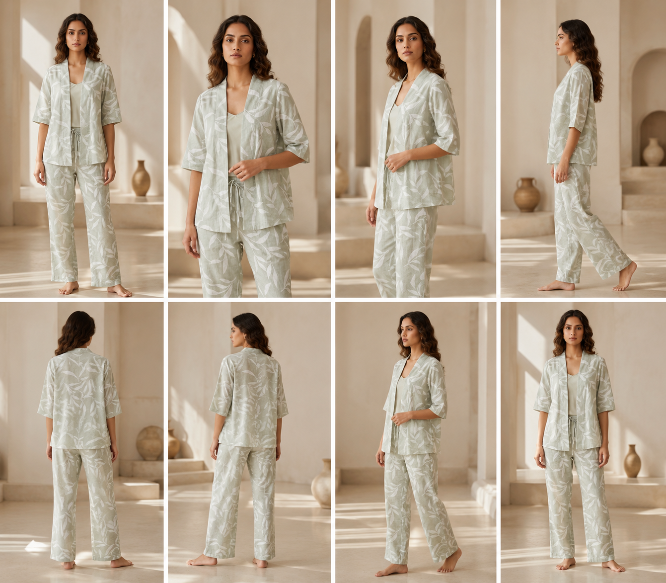 Serene Sage Printed 2-Piece Kimono Trouser Set