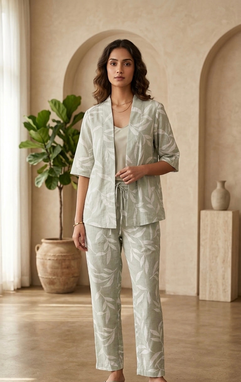 Serene Sage Printed 2-Piece Kimono Trouser Set