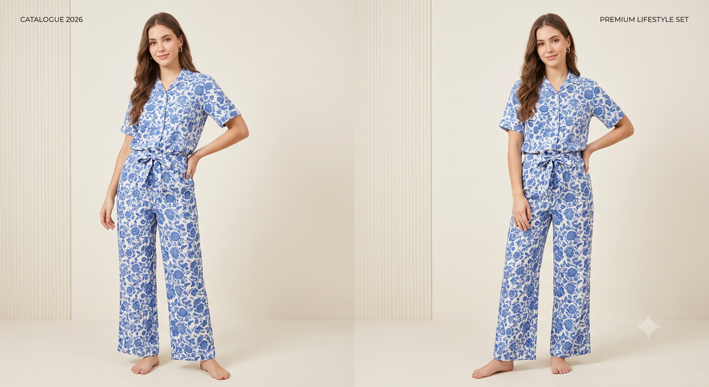 Blue & White Floral Printed Notch-Collar Co-ord Set