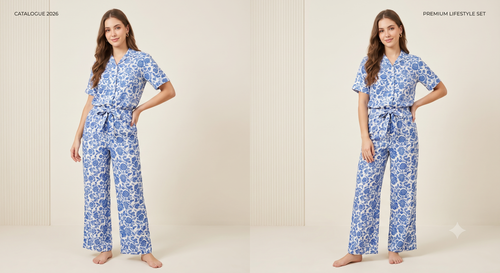 Blue & White Floral Printed Notch-Collar Co-ord Set