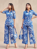Blue & White Floral Printed Notch-Collar Co-ord Set