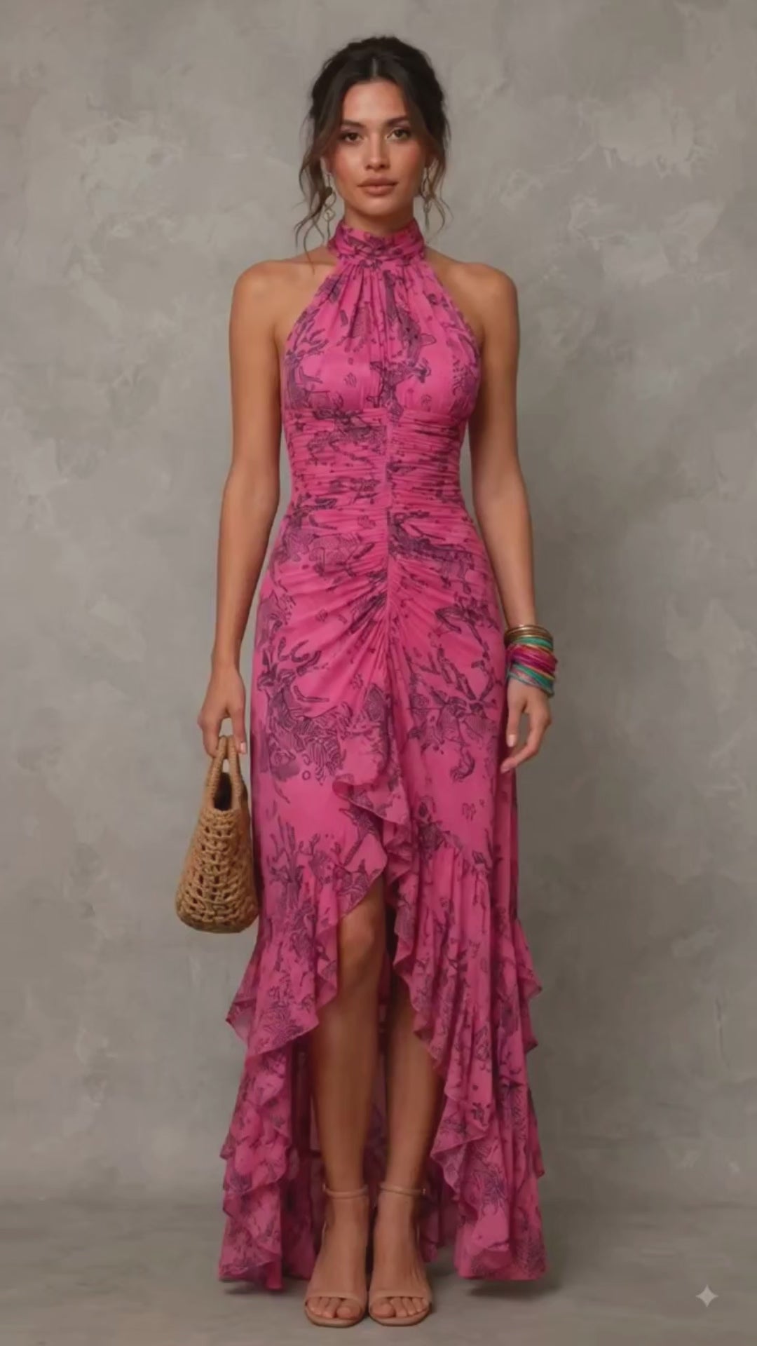 Pink Ruched Halter Maxi Dress
