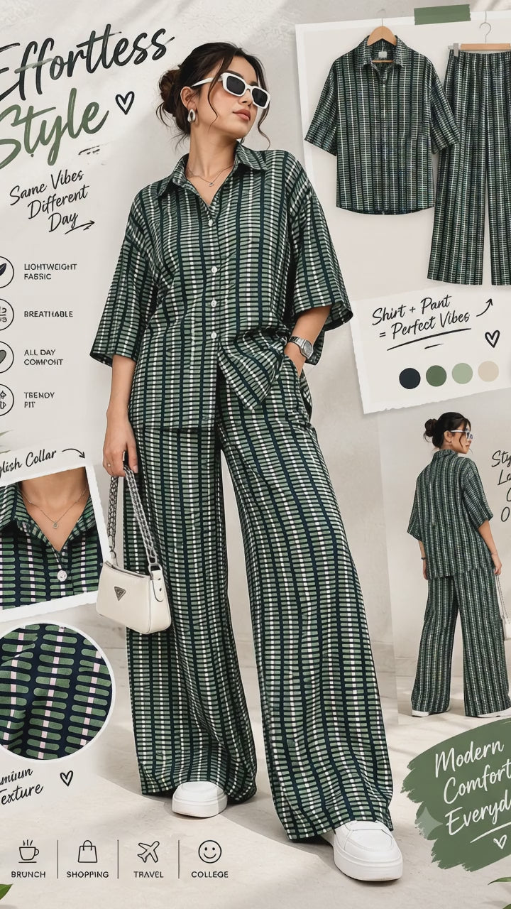 Effortless Style Green Printed Co-Ord Set | Shirt & Wide-Leg Pants