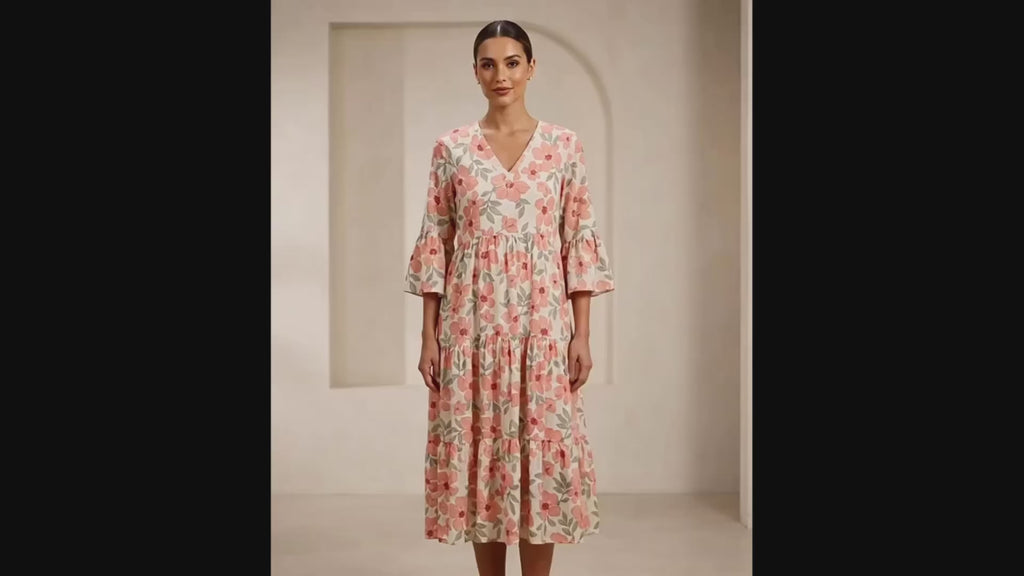 Peach Floral V-Neck Tiered Gown with Bell Sleeves