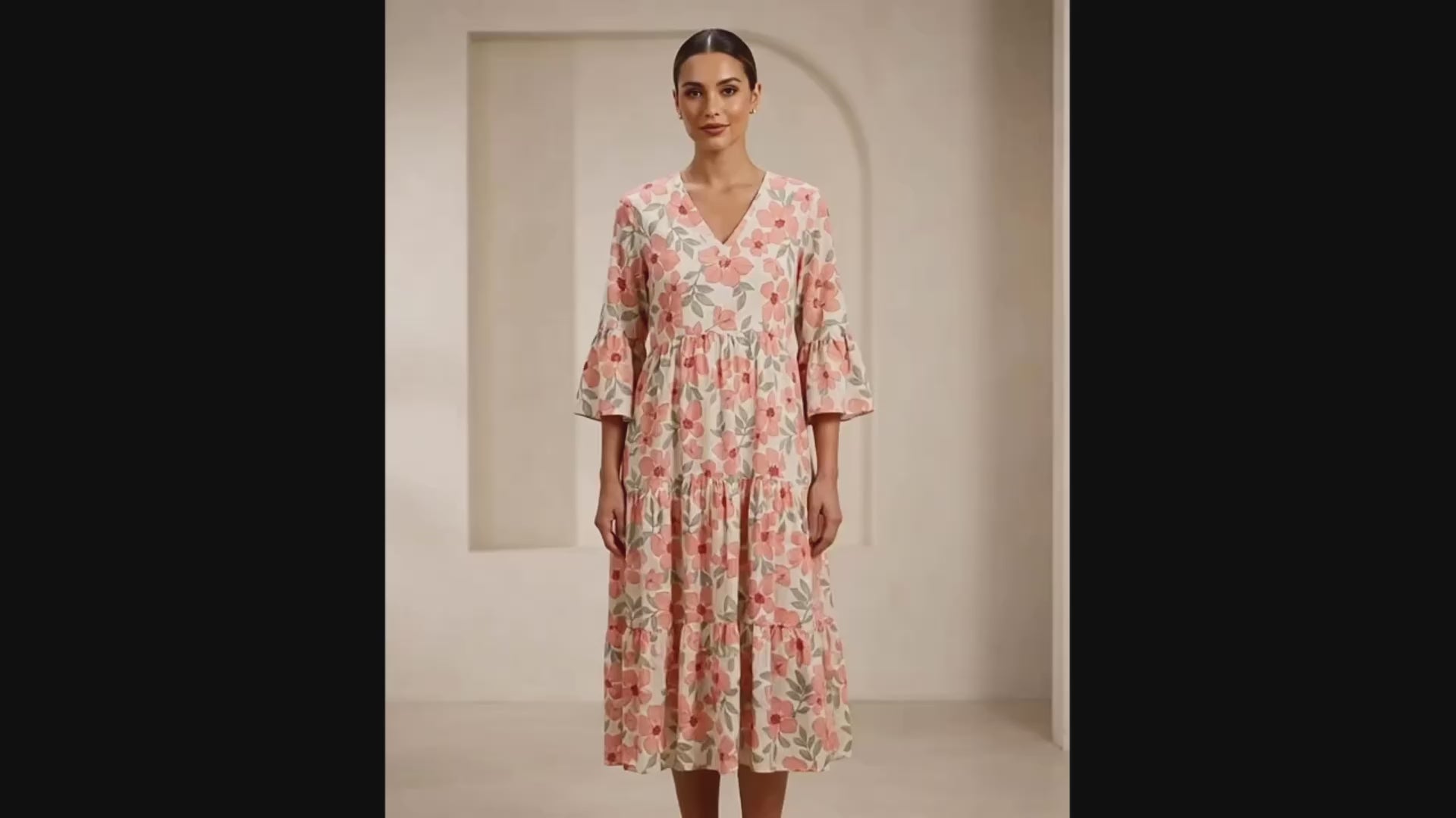 Peach Floral V-Neck Tiered Gown with Bell Sleeves
