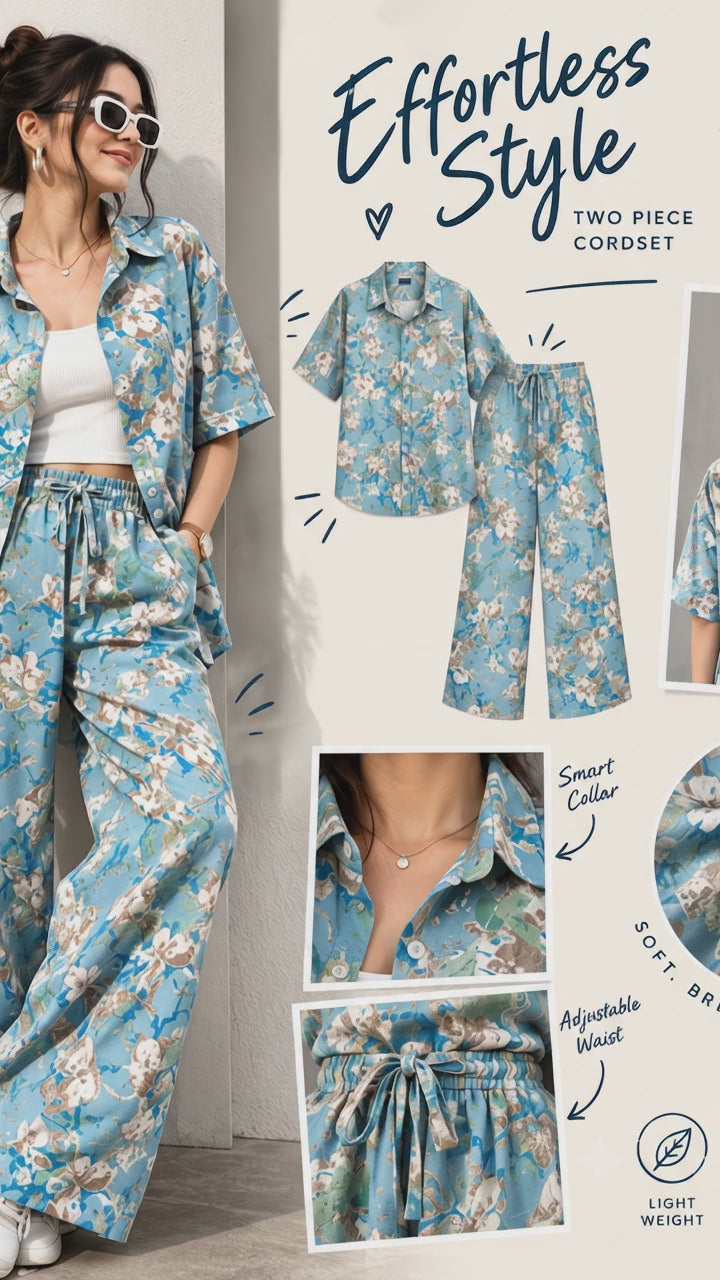 Blue Floral Two-Piece Co-Ord Set – Shirt & Wide-Leg Pants