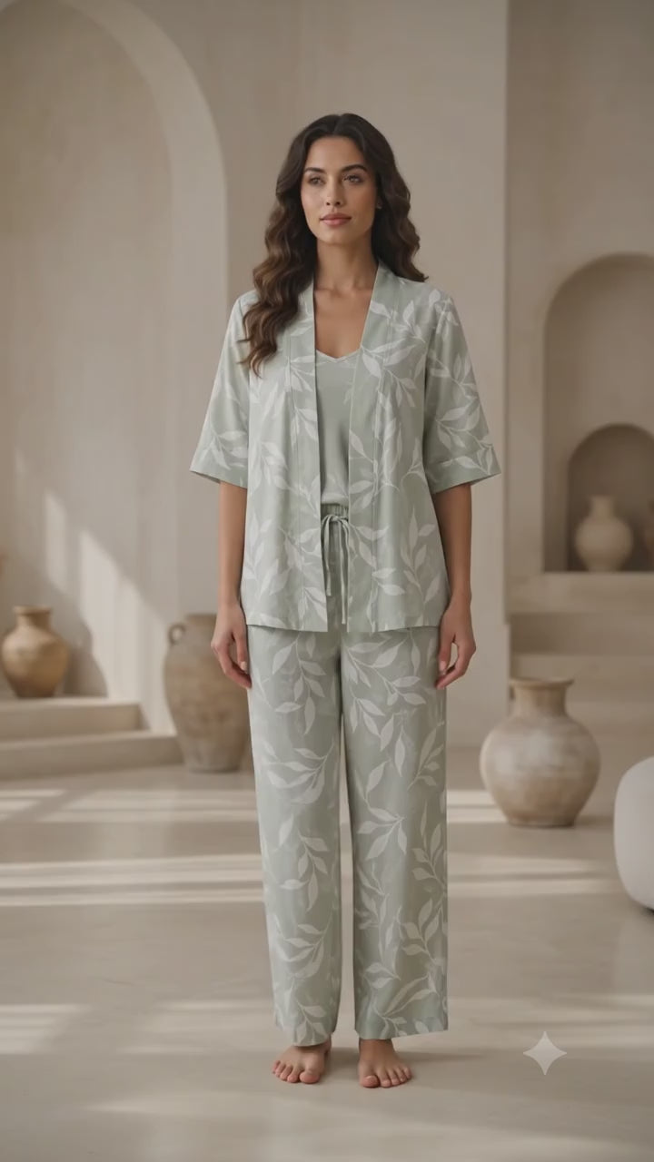 Serene Sage Printed 2-Piece Kimono Trouser Set