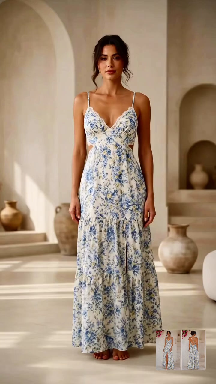 Aurelia Cut-Out Tiered Gown in Blue Floral