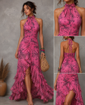 Pink Ruched Halter Maxi Dress