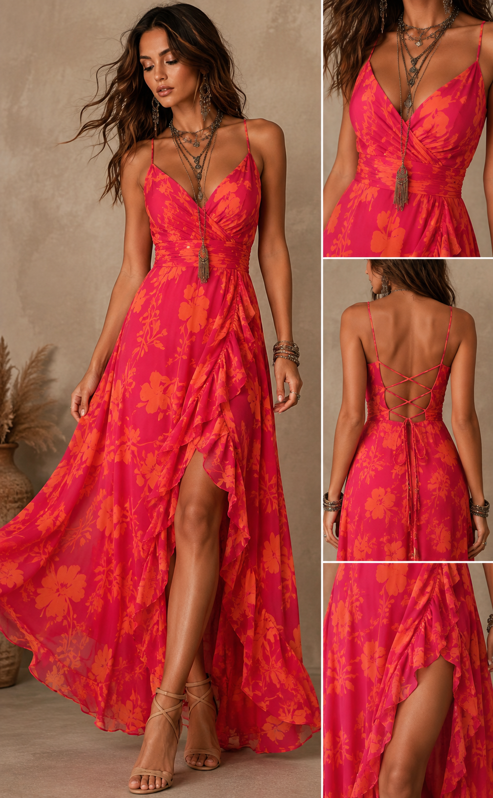 Flame Blossom Lace-Up Maxi Dress