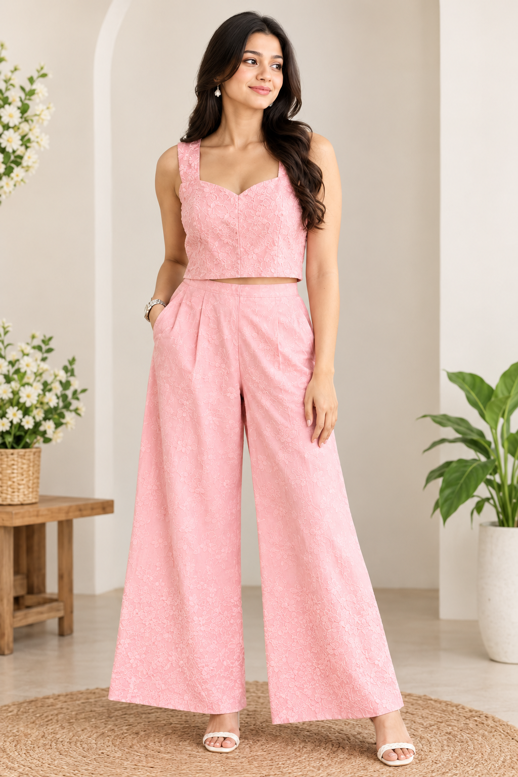 Elegant Pink Floral Jacquard Co-Ord Set
