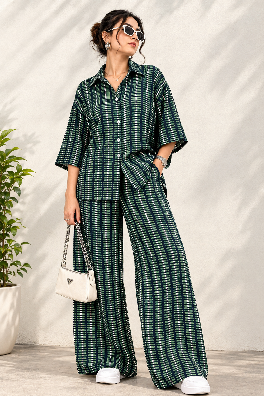 Effortless Style Green Printed Co-Ord Set | Shirt & Wide-Leg Pants
