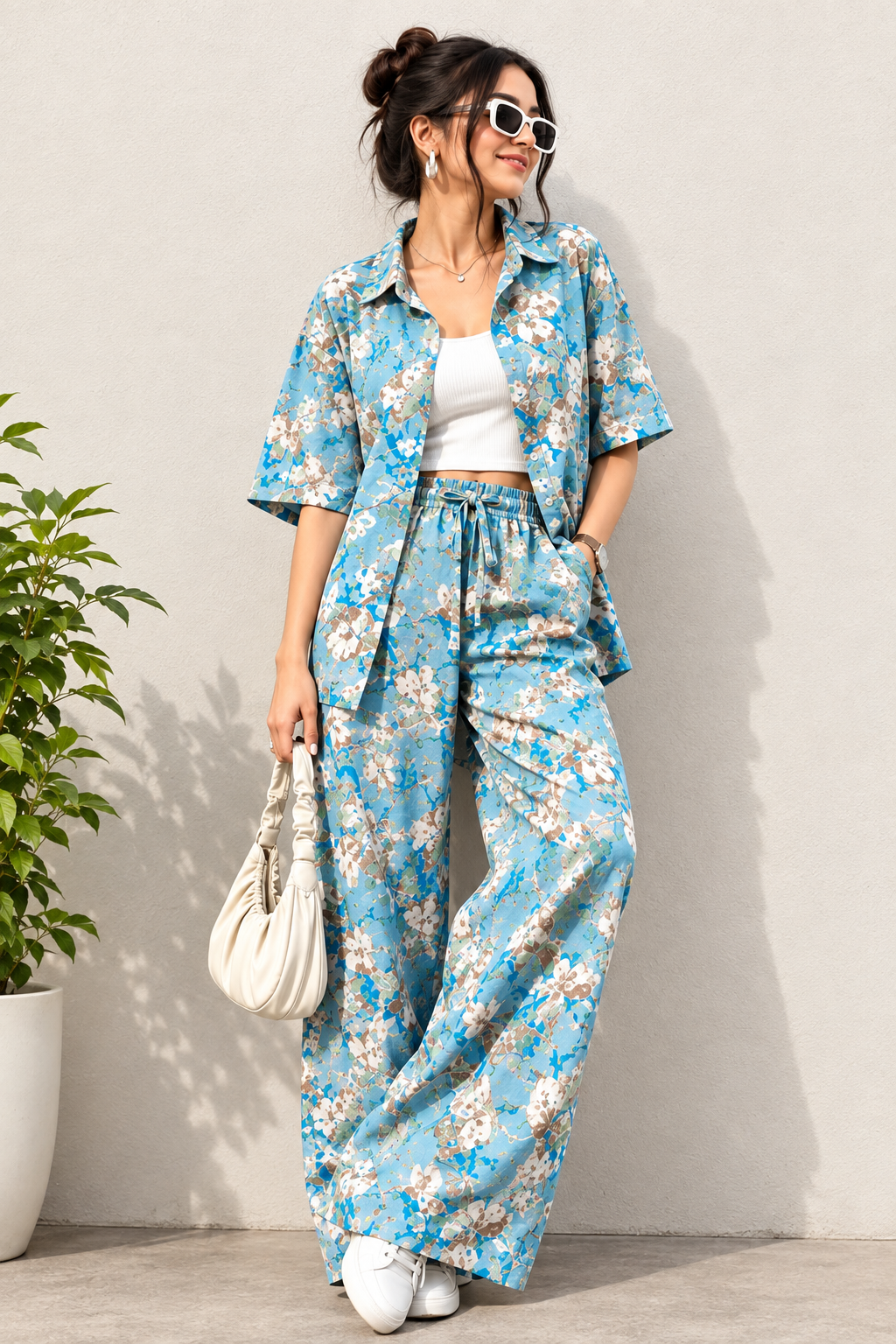 Blue Floral Two-Piece Co-Ord Set – Shirt & Wide-Leg Pants